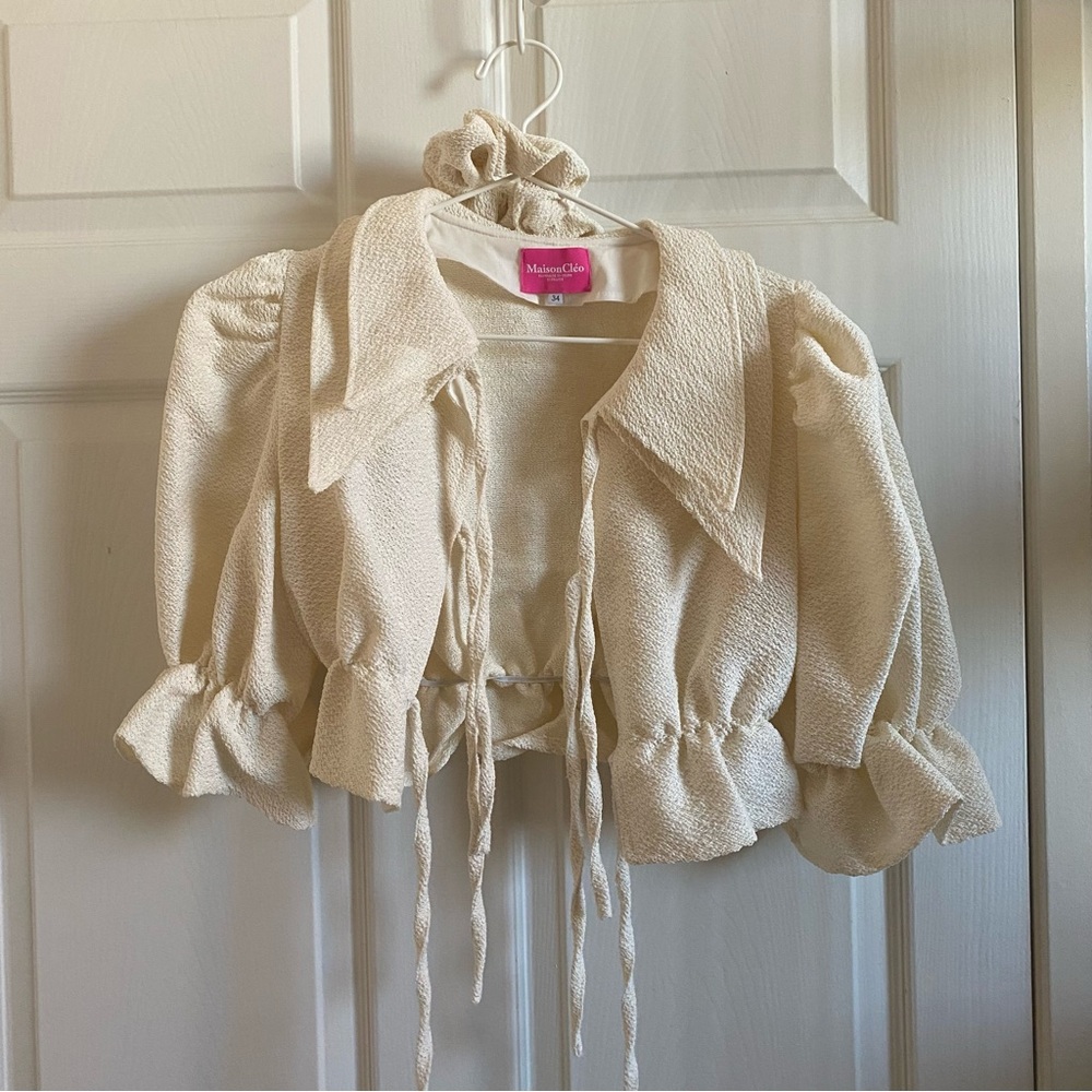 Maison Cleo Cream Textured Pilgrim Cropped Bow Blouse